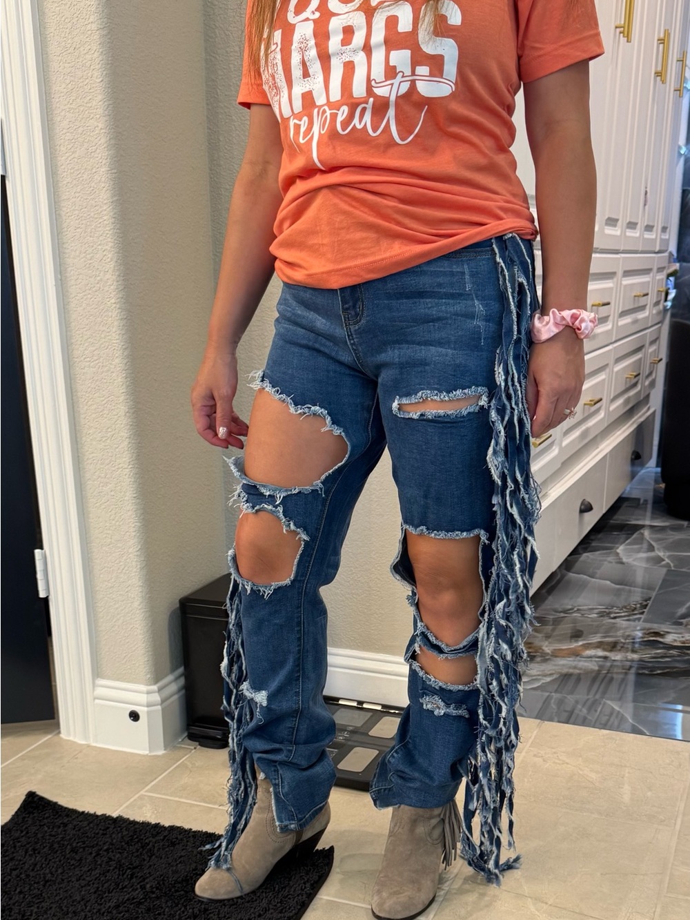 Ripped Fringe Dark Blue Women’s Jeans by Fashion House